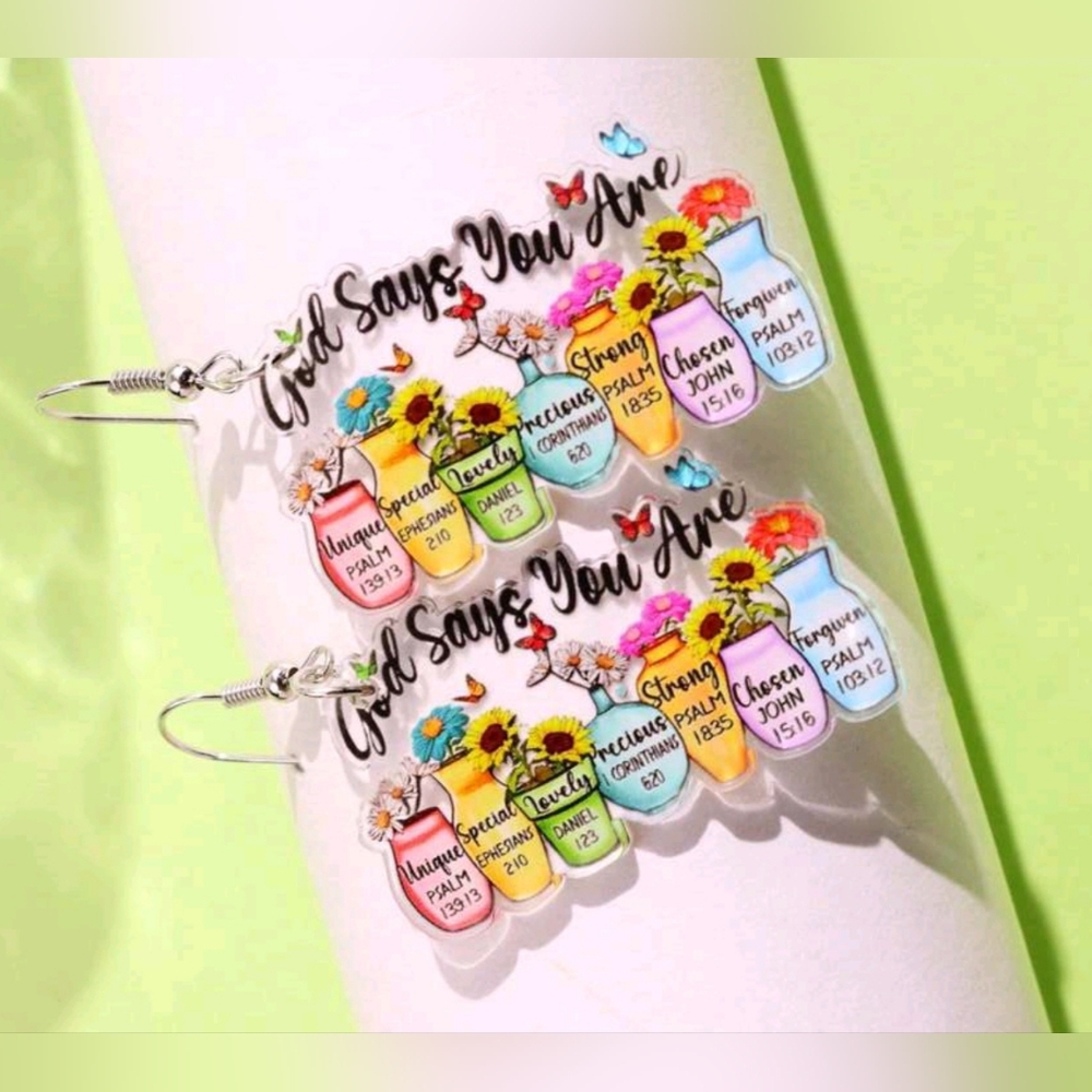 Christian Multicolor Acrylic Inspirational Earrings "God Says" New!